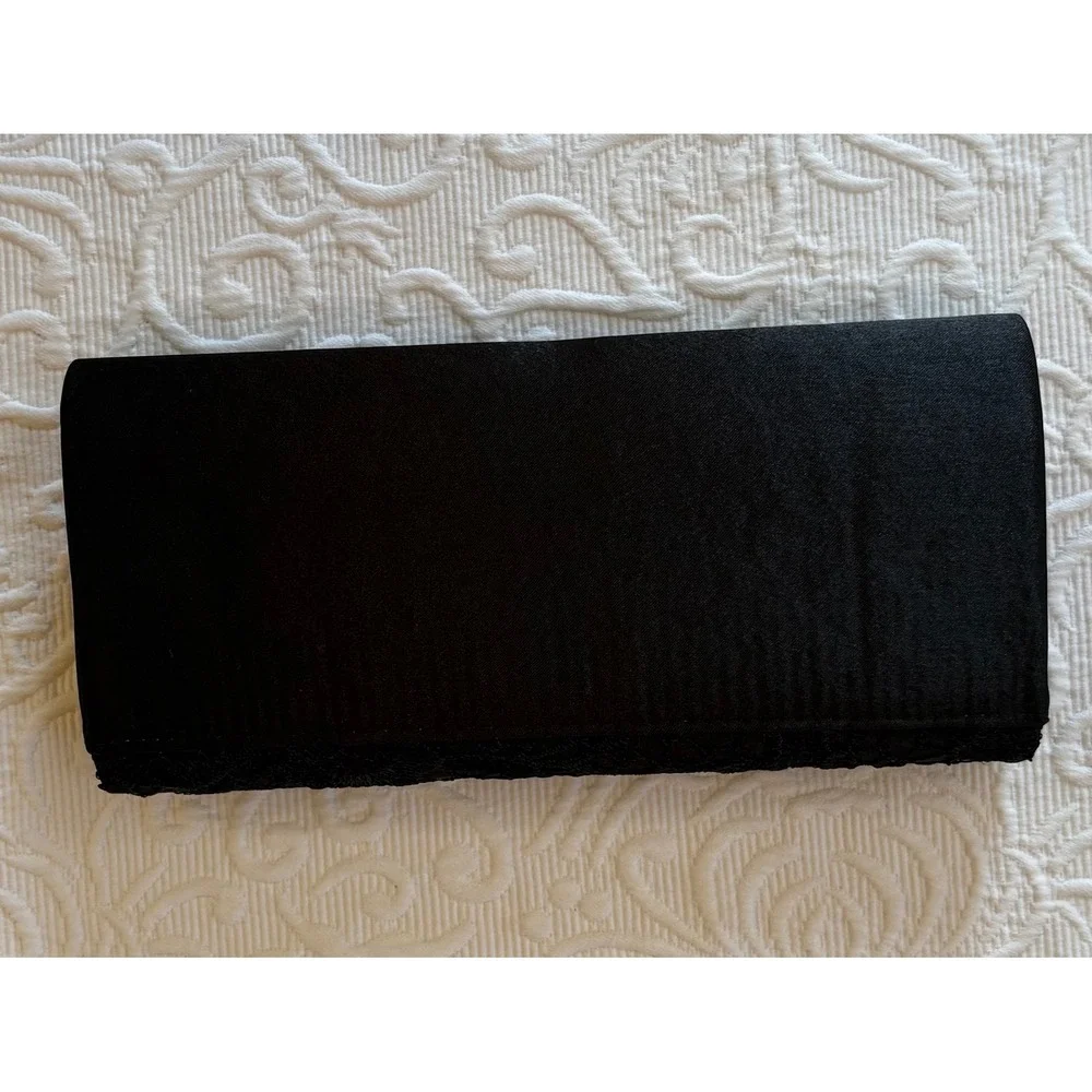Black Satin Lace Overlay Evening Clutch Bag with Silver Chain Strap Formal Purse